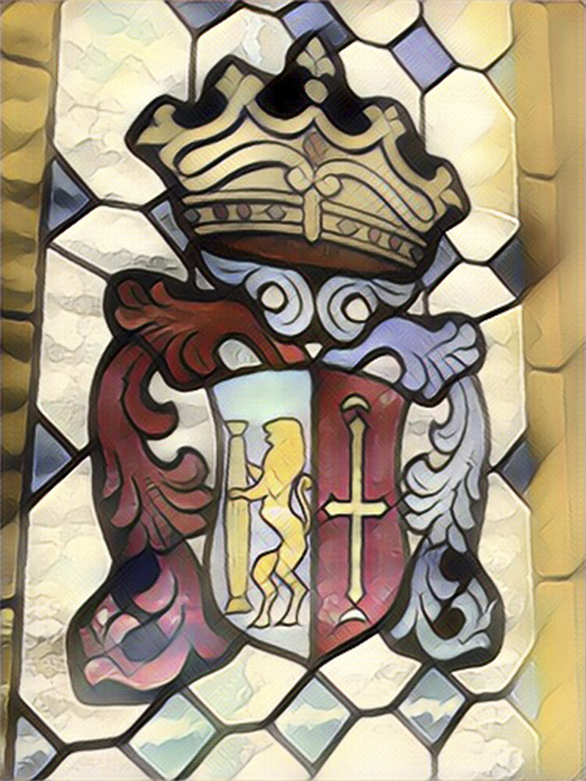 Escudo de Guareña en una de las vidrieras de la ventana