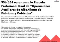 El Ayuntamiento recibe 336.654 euros para poner en marcha la Escuela Profesional Dual 2021 de “Operaciones Auxiliares de Albañilería de Fábricas y Cubiertas”